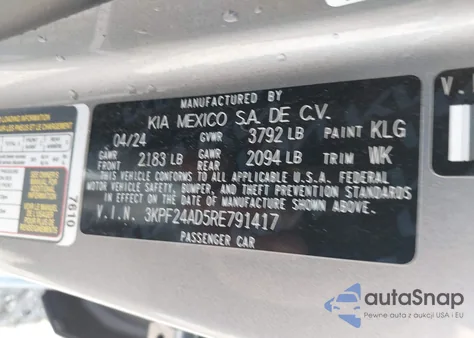 2024 Kia Forte Lxs из США, поврежденный, VIN 3KPF24AD5RE791417